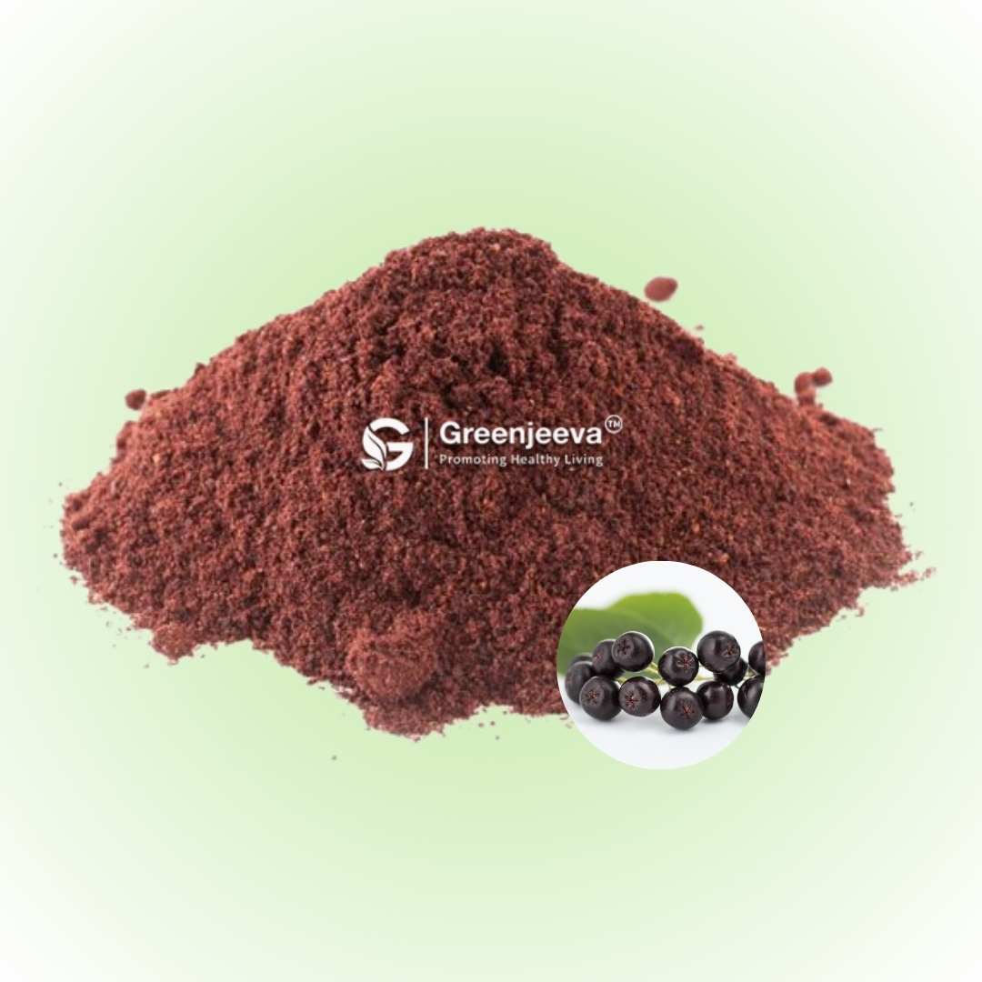 Organic Aronia Berry powder, high in antioxidants and beneficial for cardiovascular health.