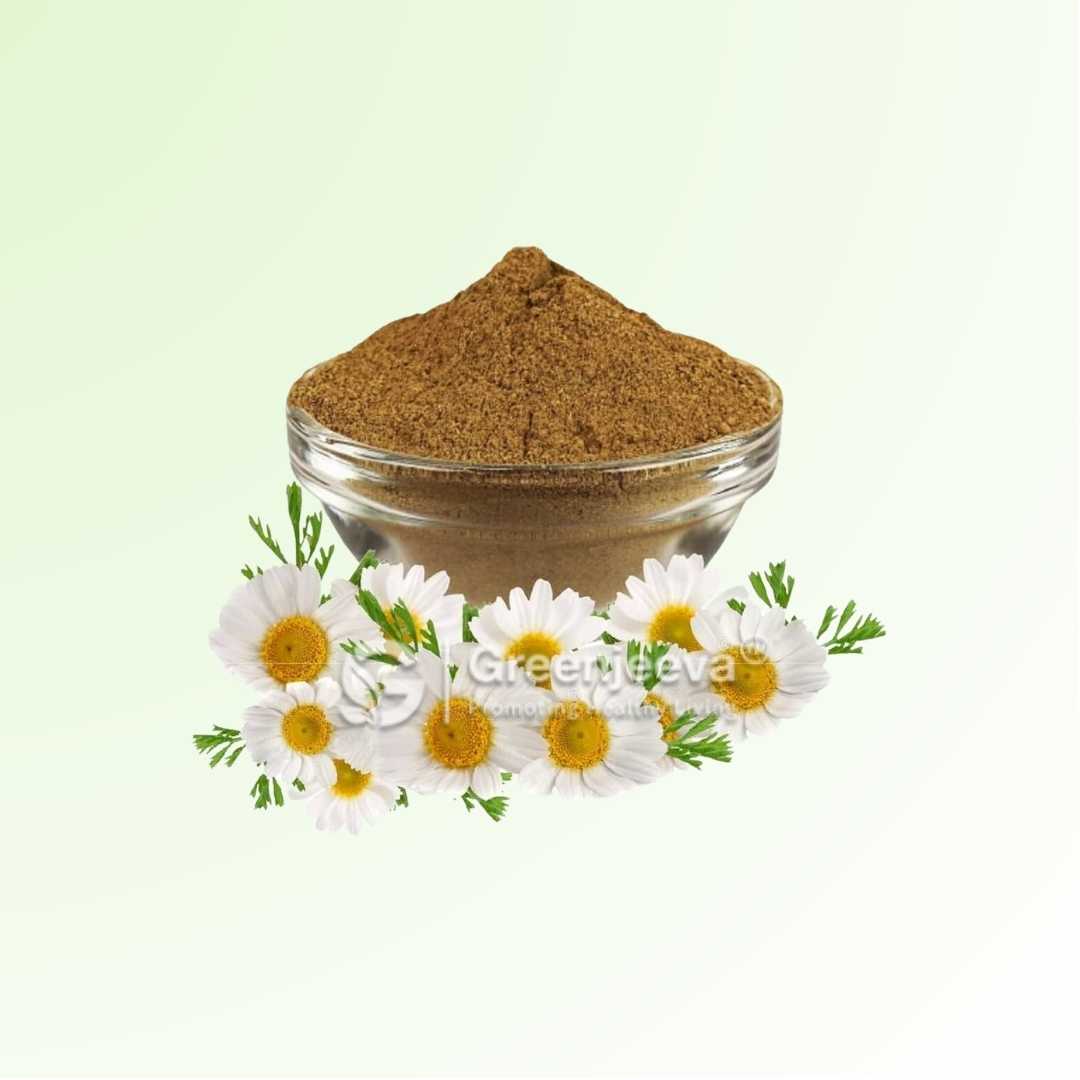 Organic Chamomile Flower powder, used for its calming and anti-inflammatory properties.