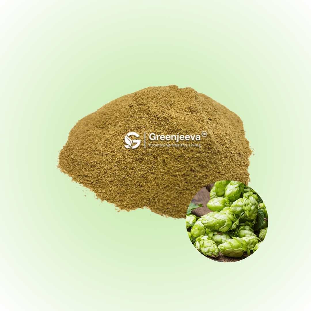 Organic powder from Hops flowers, known for its calming effects and use in herbal remedies.