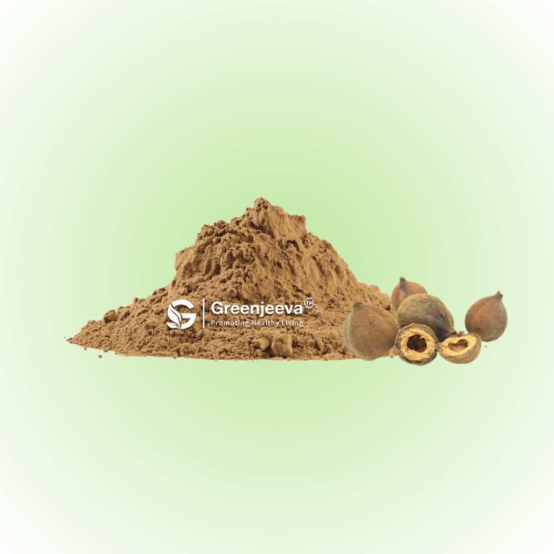 Organic Terminalia Chebula powder, used in traditional medicine for digestive health.