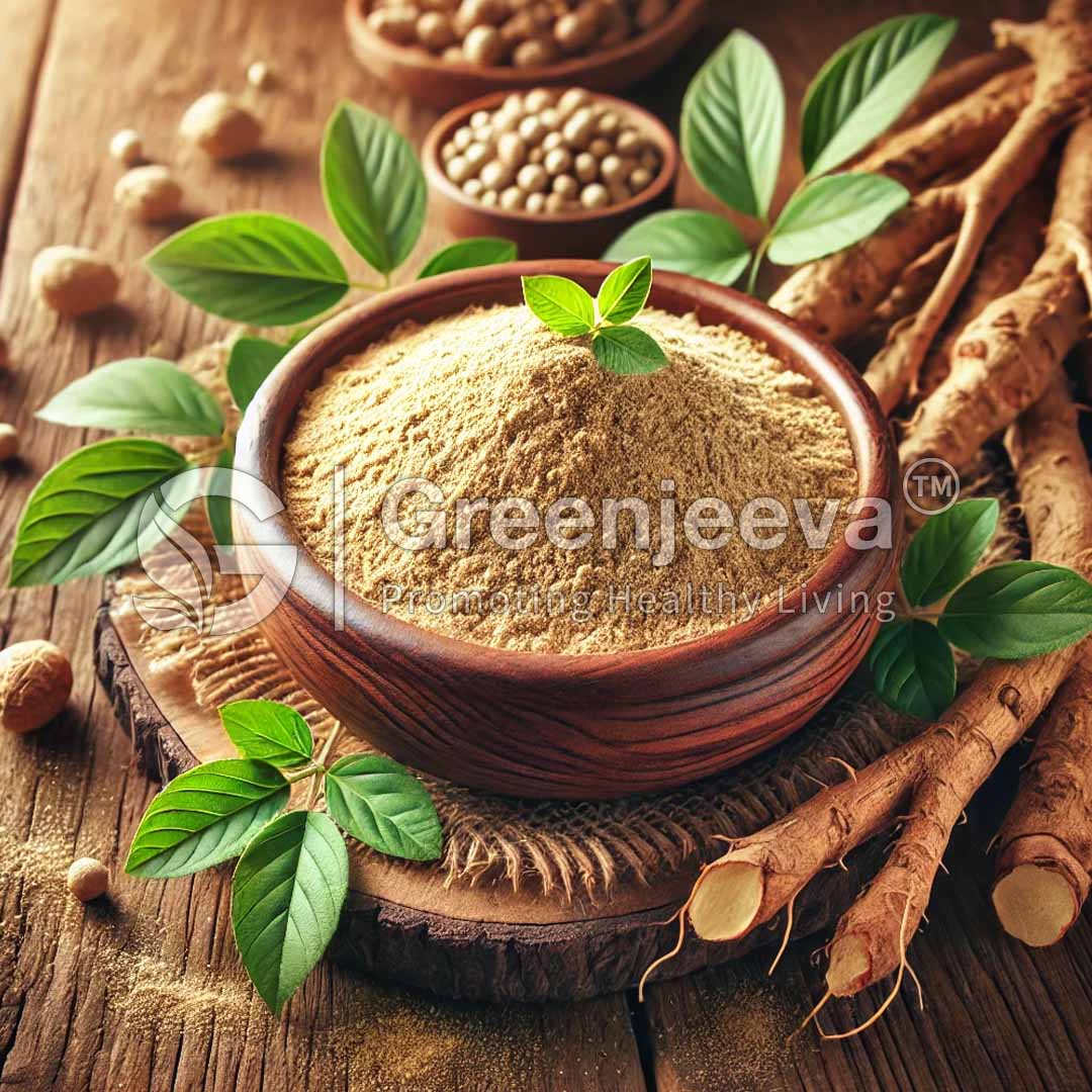 Organic ashwagandha powder in a wooden bowl surrounded by ashwagandha leaves