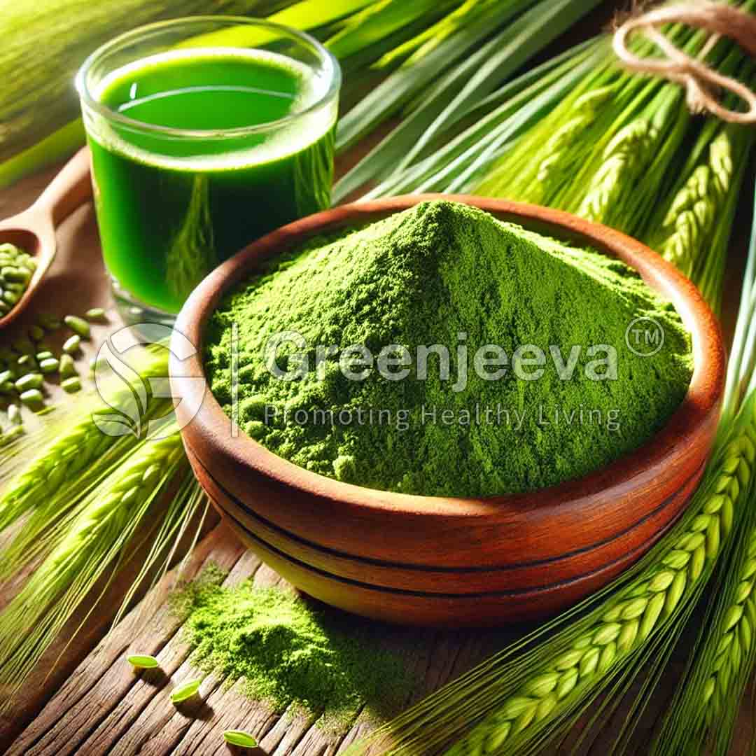 barley grass powder displayed in a wooden bowl.