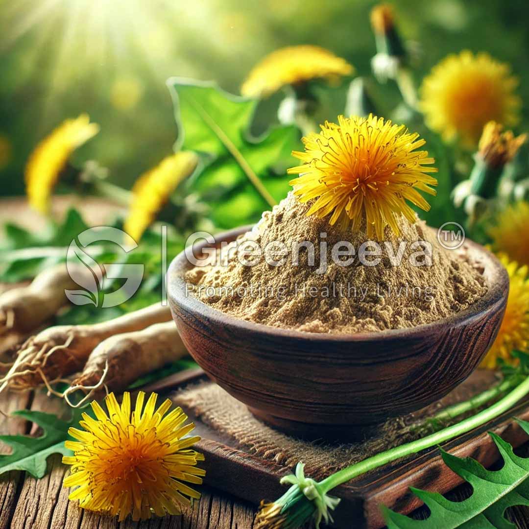 Dandelion Root Powder in a wooden bowl surrounding the dandelion flower