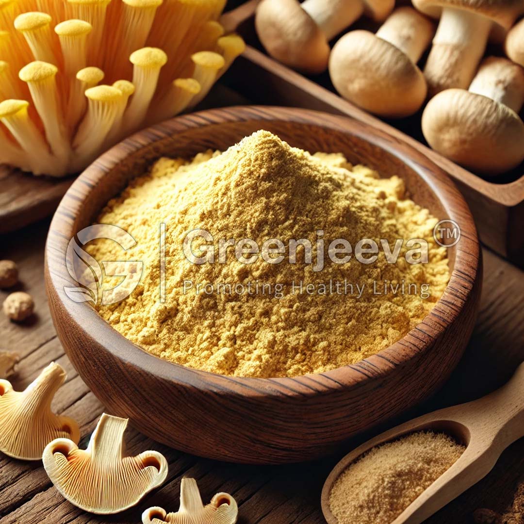 Organic Lion's Mane Powder in Wooden bowl