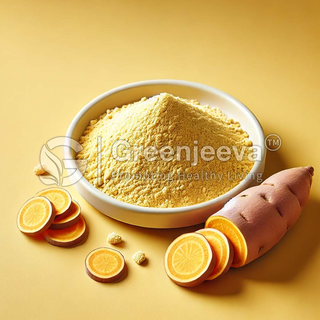 Organic sweet potato powder displayed in a white bowl