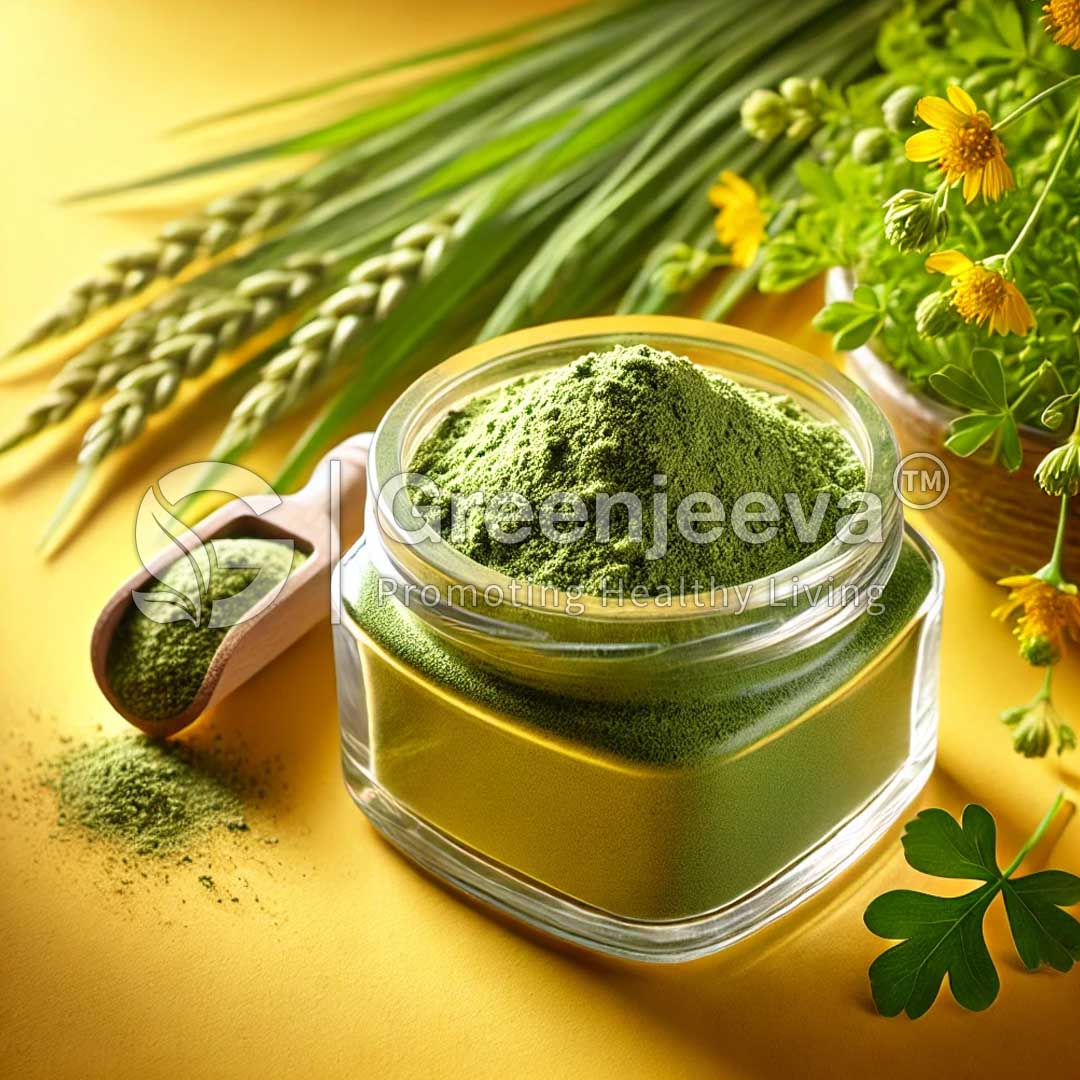 Organic alfalfa grass powder in a glass jar surrounded by alfalfa grass, showcasing a natural and organic aesthetic.