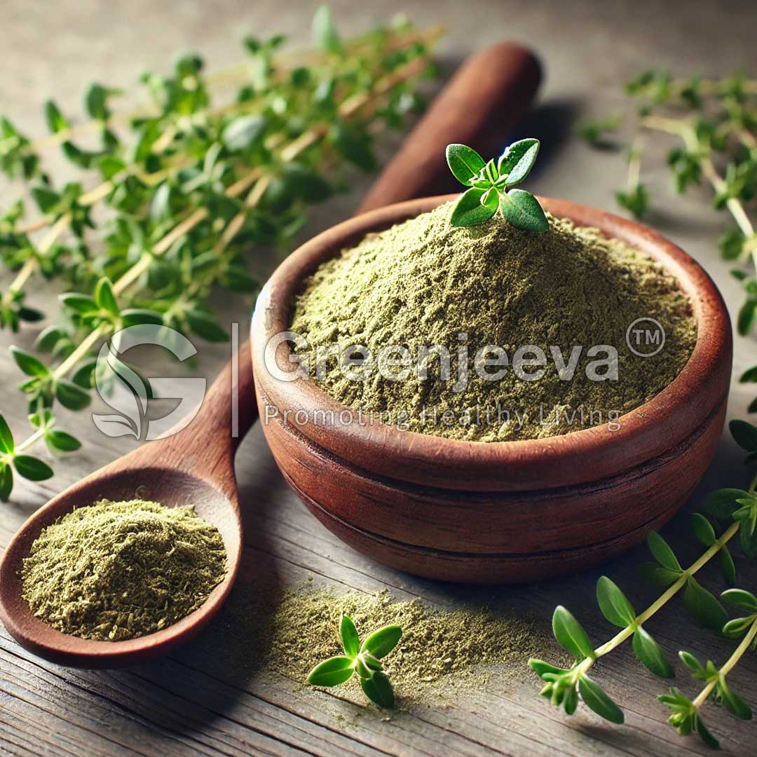 A wooden bowl filled with organic thyme powder, with two wooden spoons resting beside it, emphasizing a natural culinary setting.