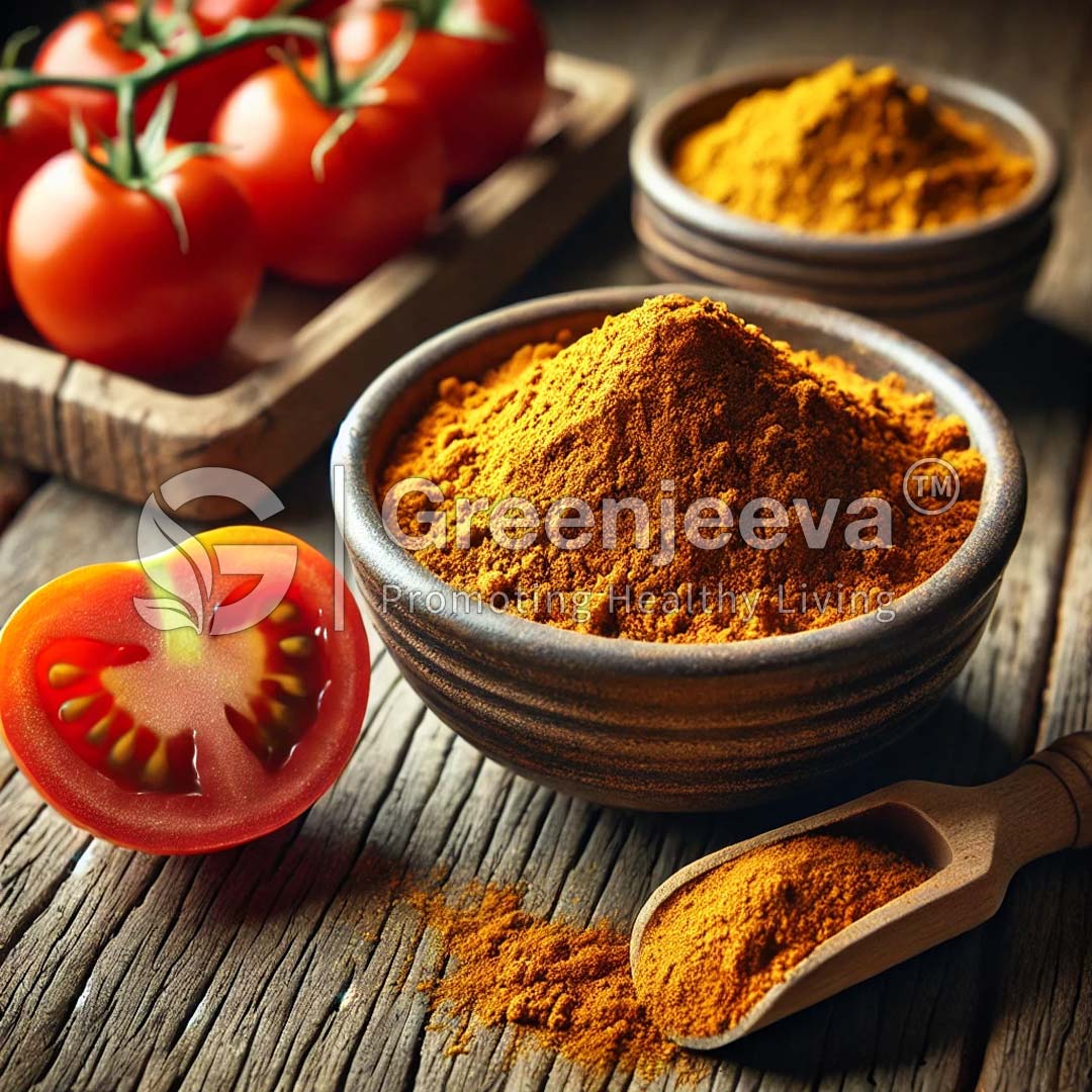 A bowl of turmeric powder surrounded by fresh tomatoes on a rustic wooden table.