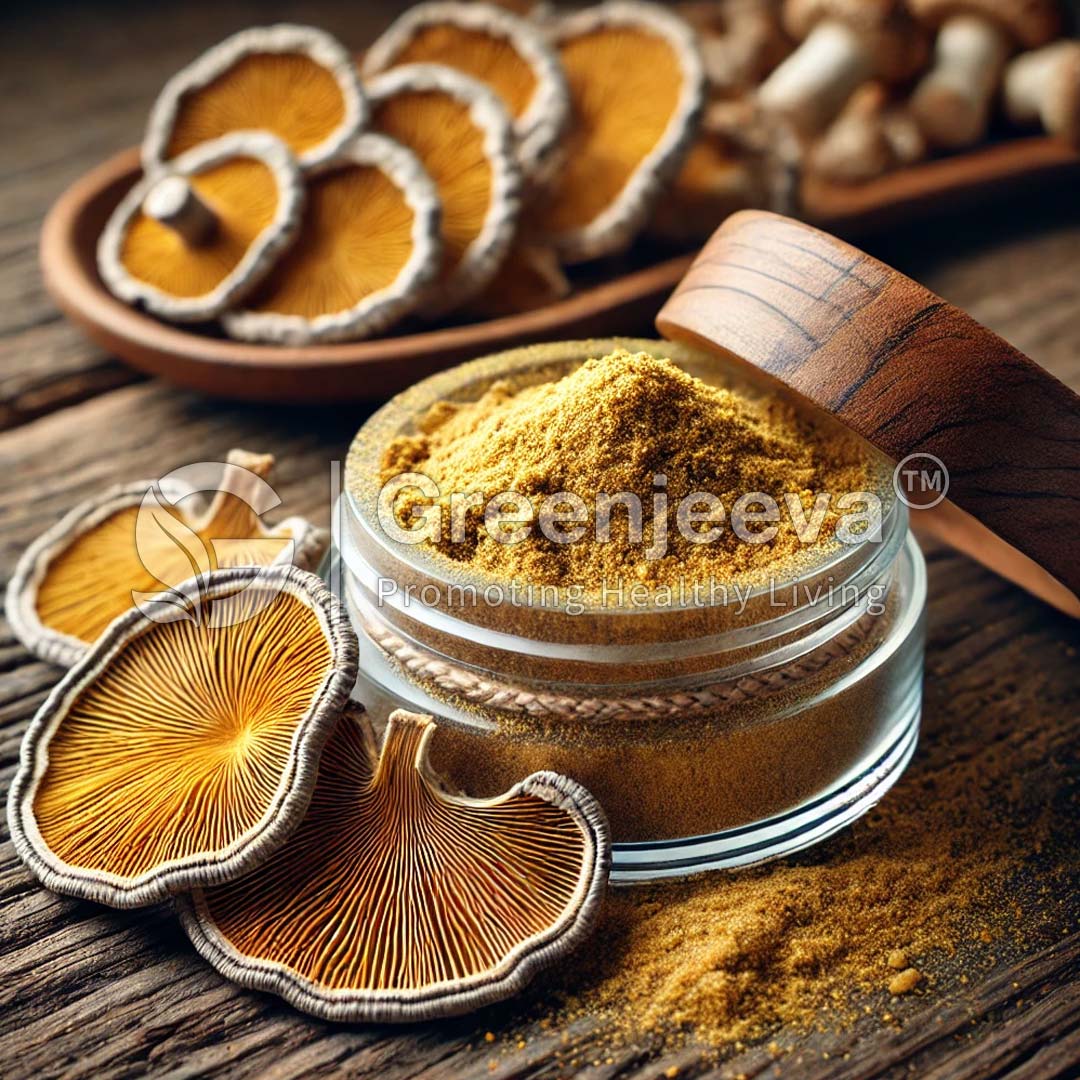 Organic Turkey tail mushroom powder in a clear jar next to assorted turkey tail mushrooms, highlighting the rich hues and textures of the spices and fungi.