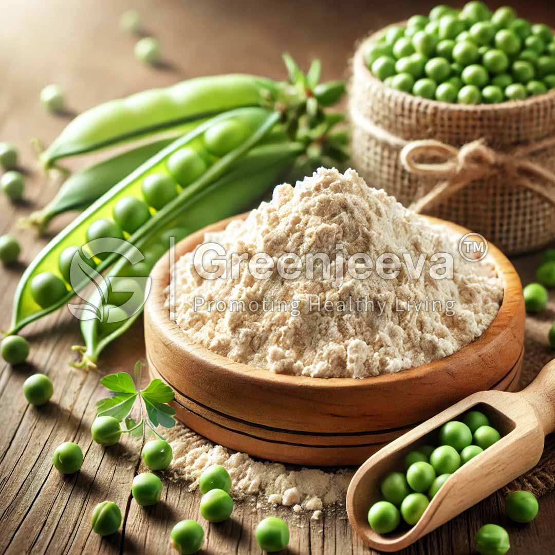 organic pea protein powder in a widen bowl surrounded by peas and pea pods.