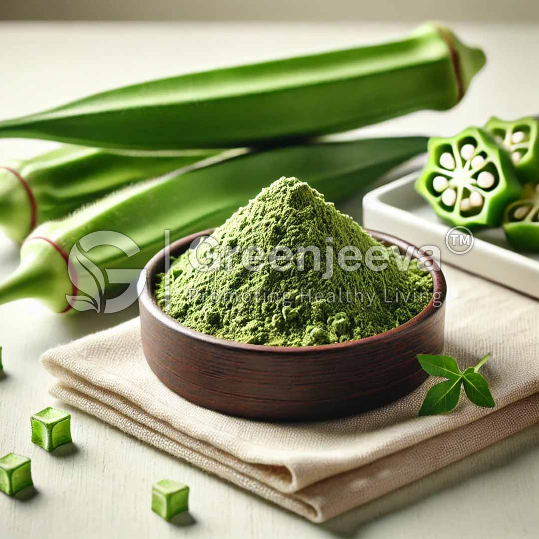 Okra fruit powder placed in a bowl surrounded by raw okra.