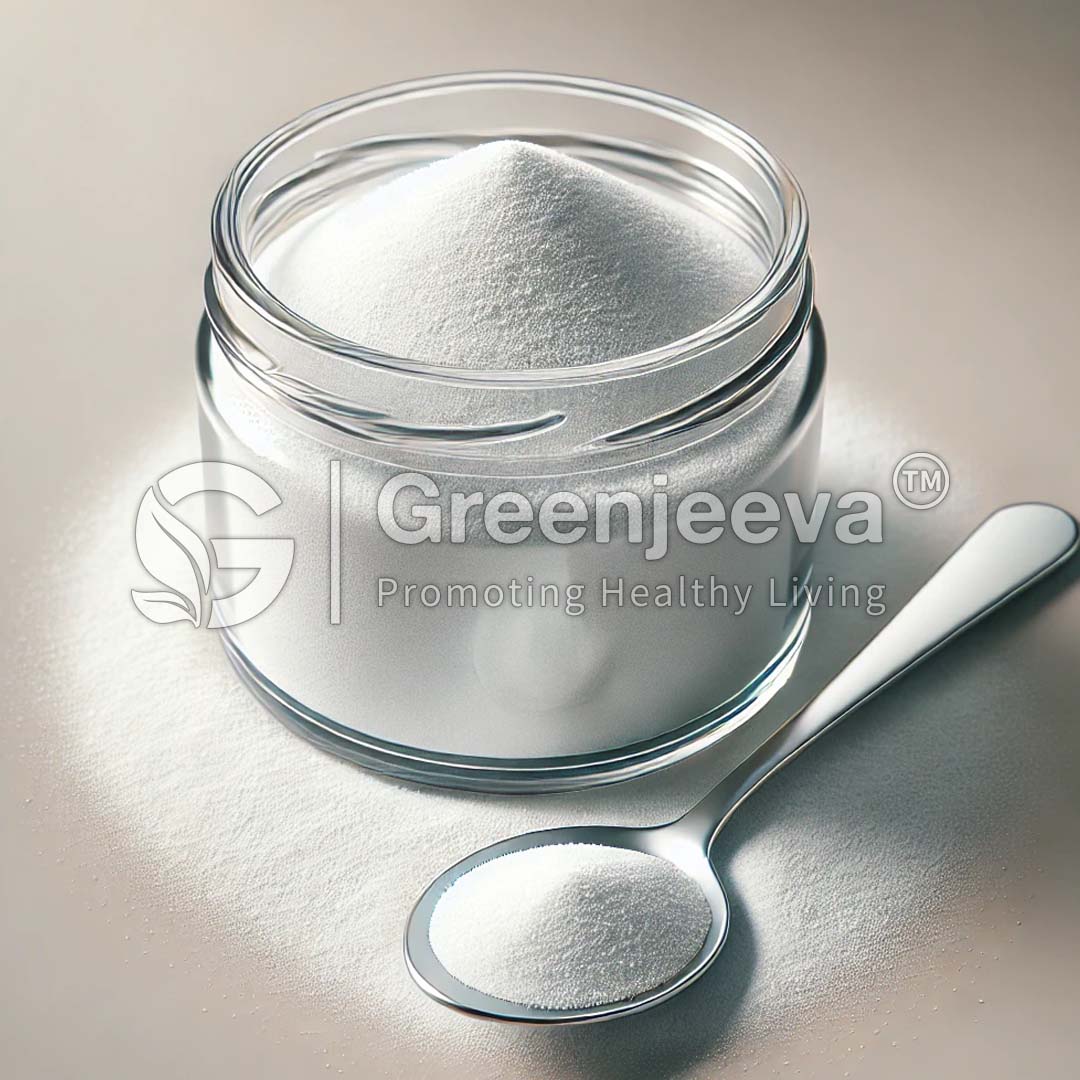A glass jar filled with Allulose Powder , accompanied by a silver spoon, set against a soft, neutral background.