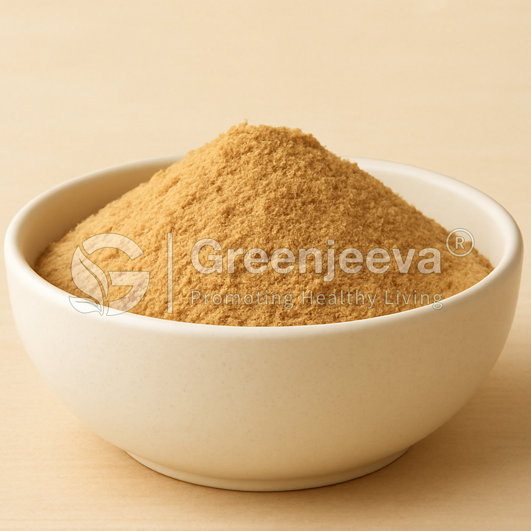 A beige bowl filled with a mound of fine, Bacillus Coagulans powder against a neutral background, promoting healthy living.