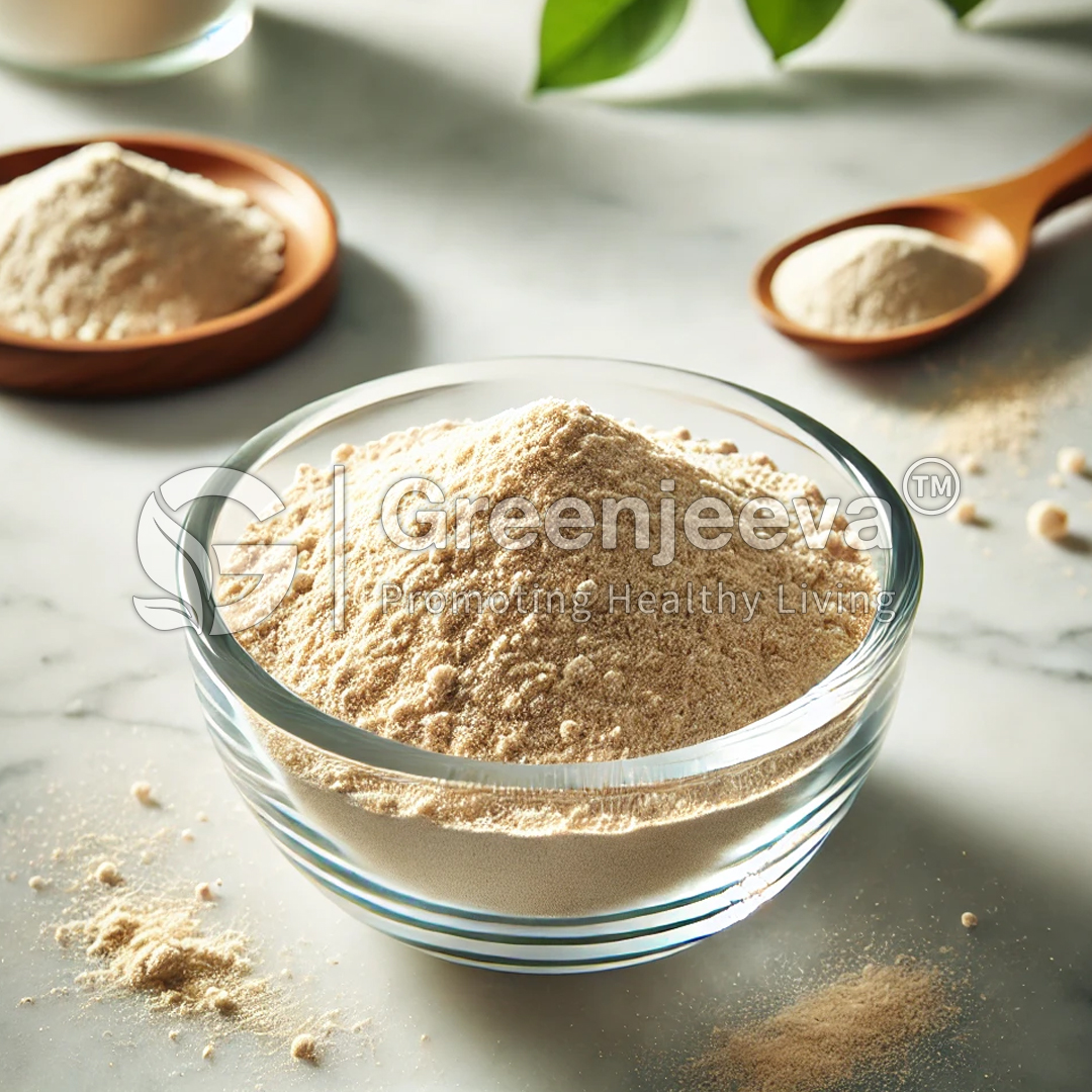 Bacillus coagulans powder 200B CFU/g in a glass bowl, with a pile of powder and a wooden spoon nearby. The powder is finely textured and scattered on a smooth surface, with a clean, natural background featuring a minimalistic aesthetic.