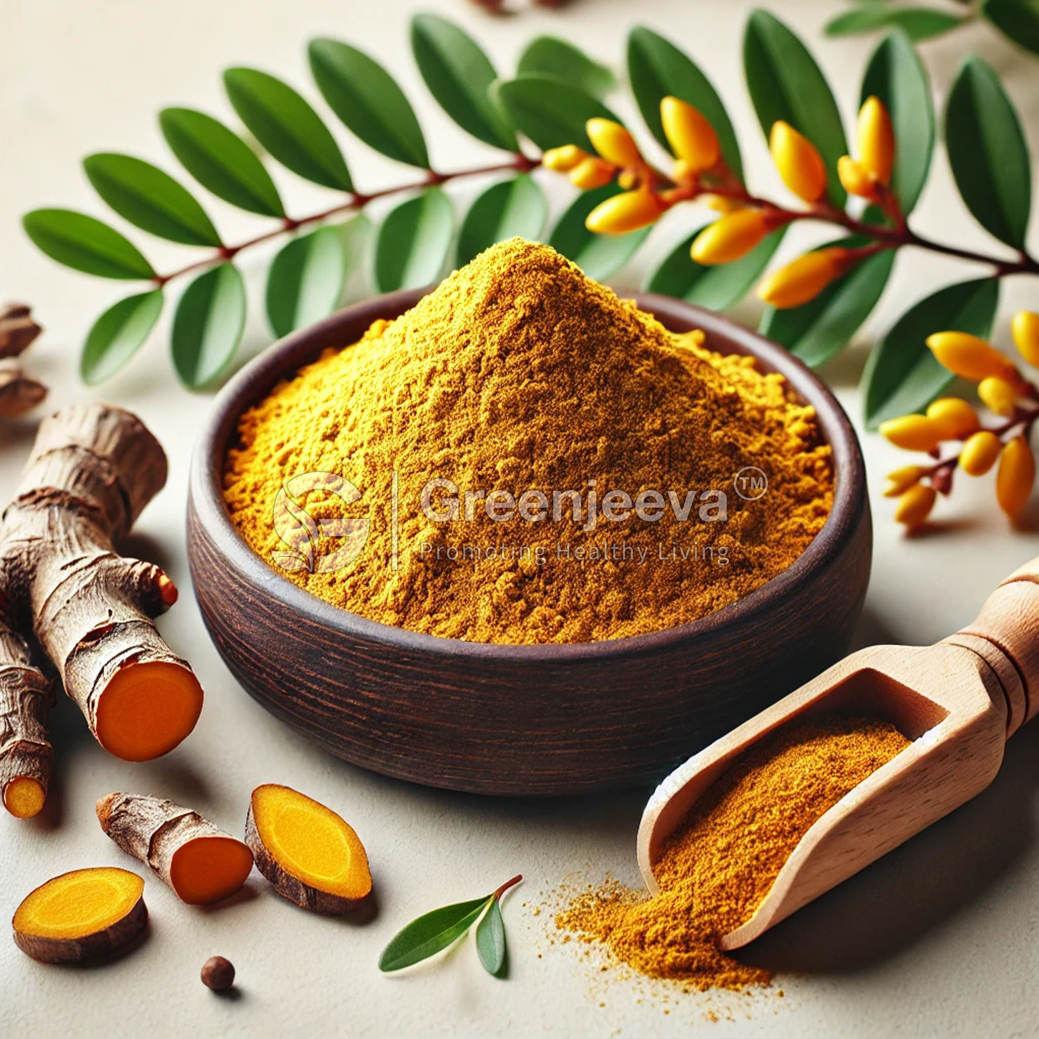 A bowl of Berberis Aristata Powder, surrounded by fresh Berberis and green leaves.
