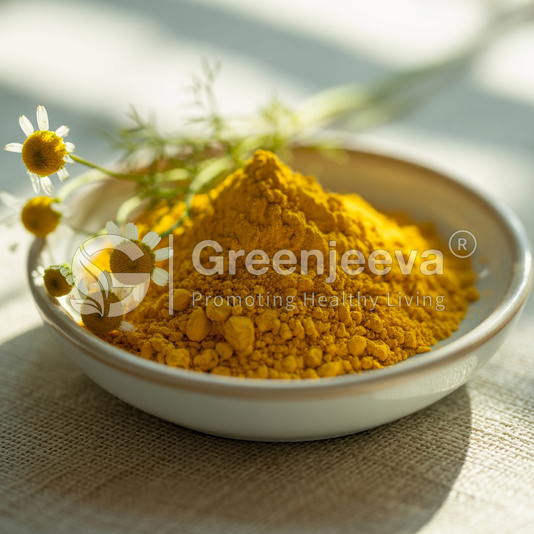 A close-up of vibrant Chamomile Extract Powder in a bowl, accompanied by fresh chamomile flowers, highlighting natural health benefits.