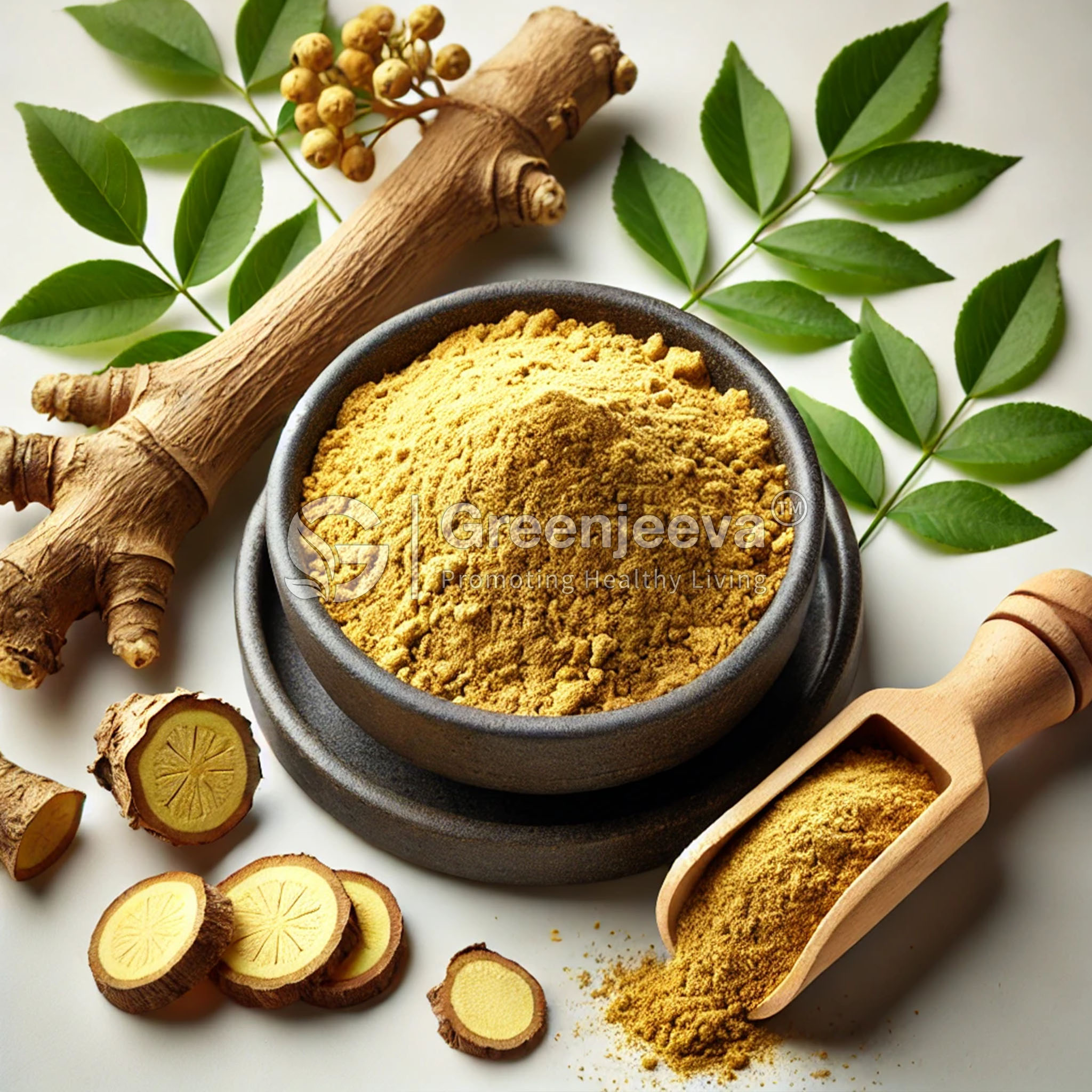 A bowl of Coptis Powder beside slices of Coptis root and green leaves.