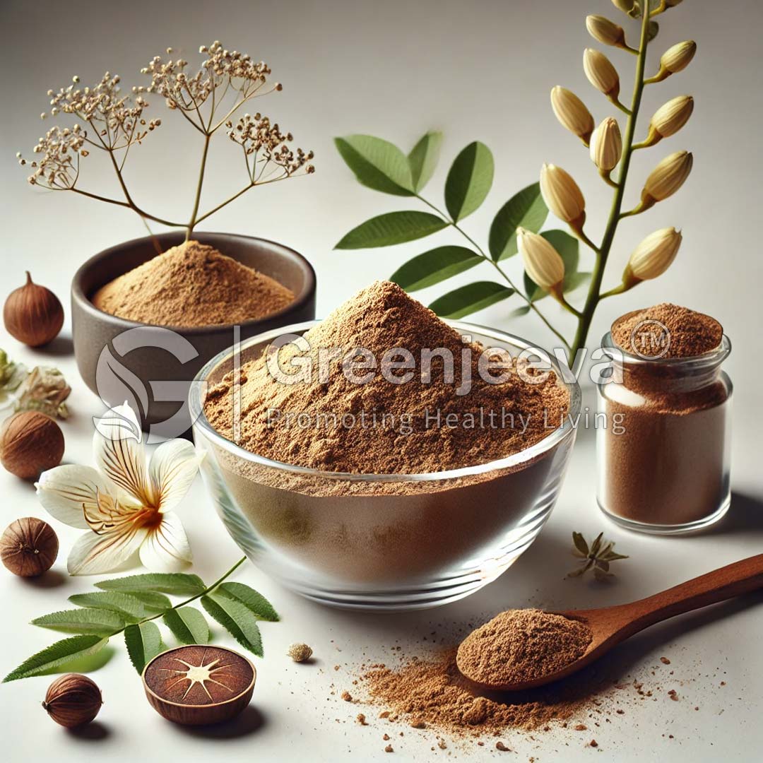 A variety of Fadogia Agrestis Extract Powder 10:1 and herbs in bowls and a spoon, surrounded by flowers and leaves, highlighting healthy living.