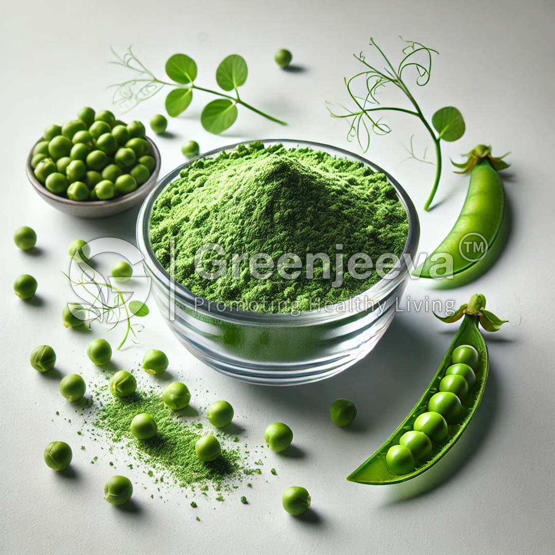 A bowl of vibrant green pea powder surrounded by fresh peas and a pea pod, symbolizing health and nutrition.