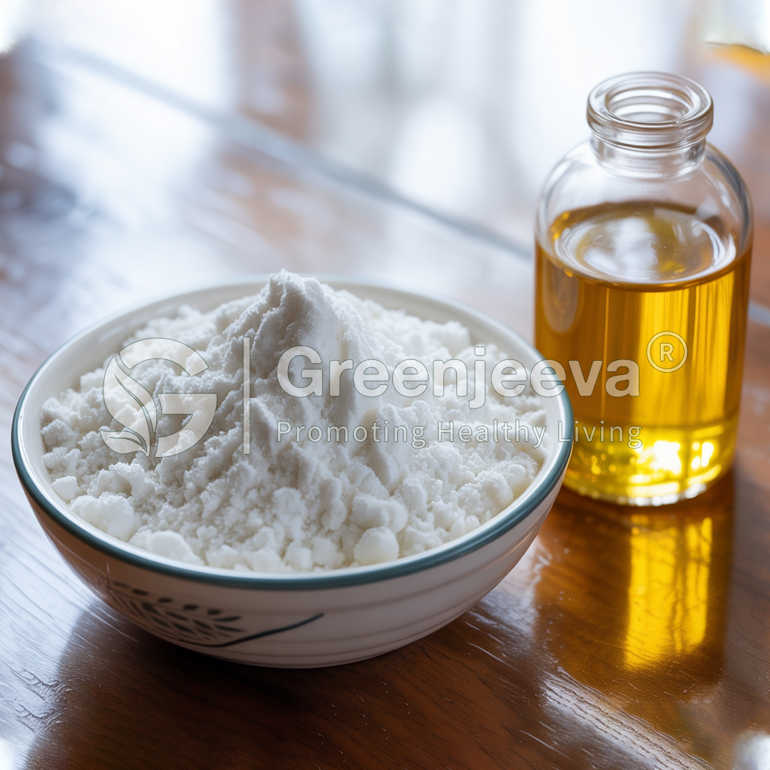 A bowl of white powder sits next to a glass bottle of golden oil on a wooden surface, suggesting cooking or health applications.
