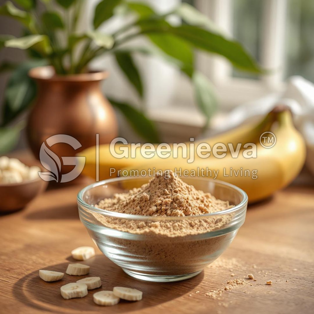A glass bowl filled with organic banana powder, surrounded by banana slices and a plant, set on a wooden table with soft natural light.