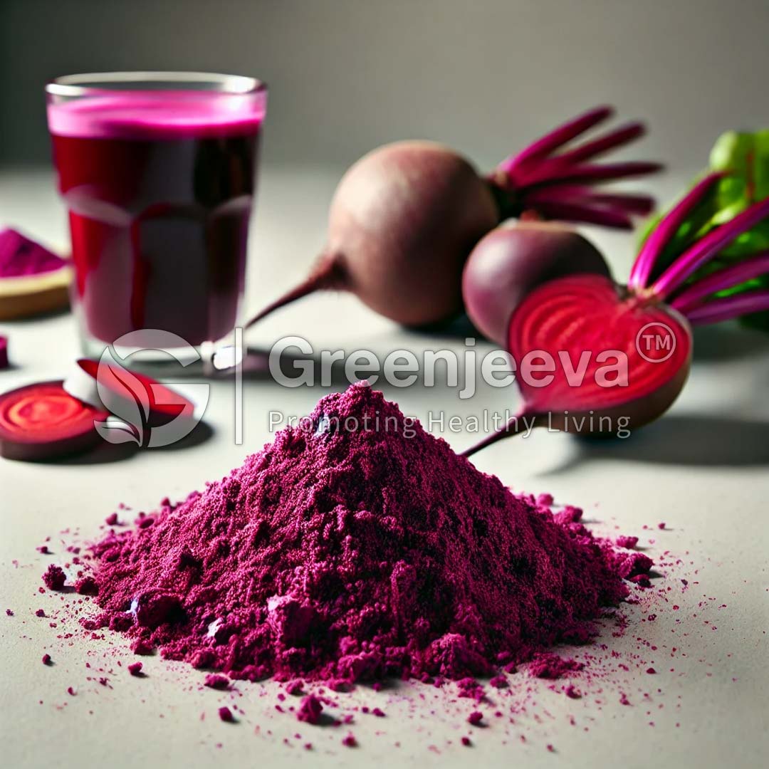 A vibrant pile of beetroot powder in front of fresh beetroots and a glass of beet juice, showcasing healthy living.