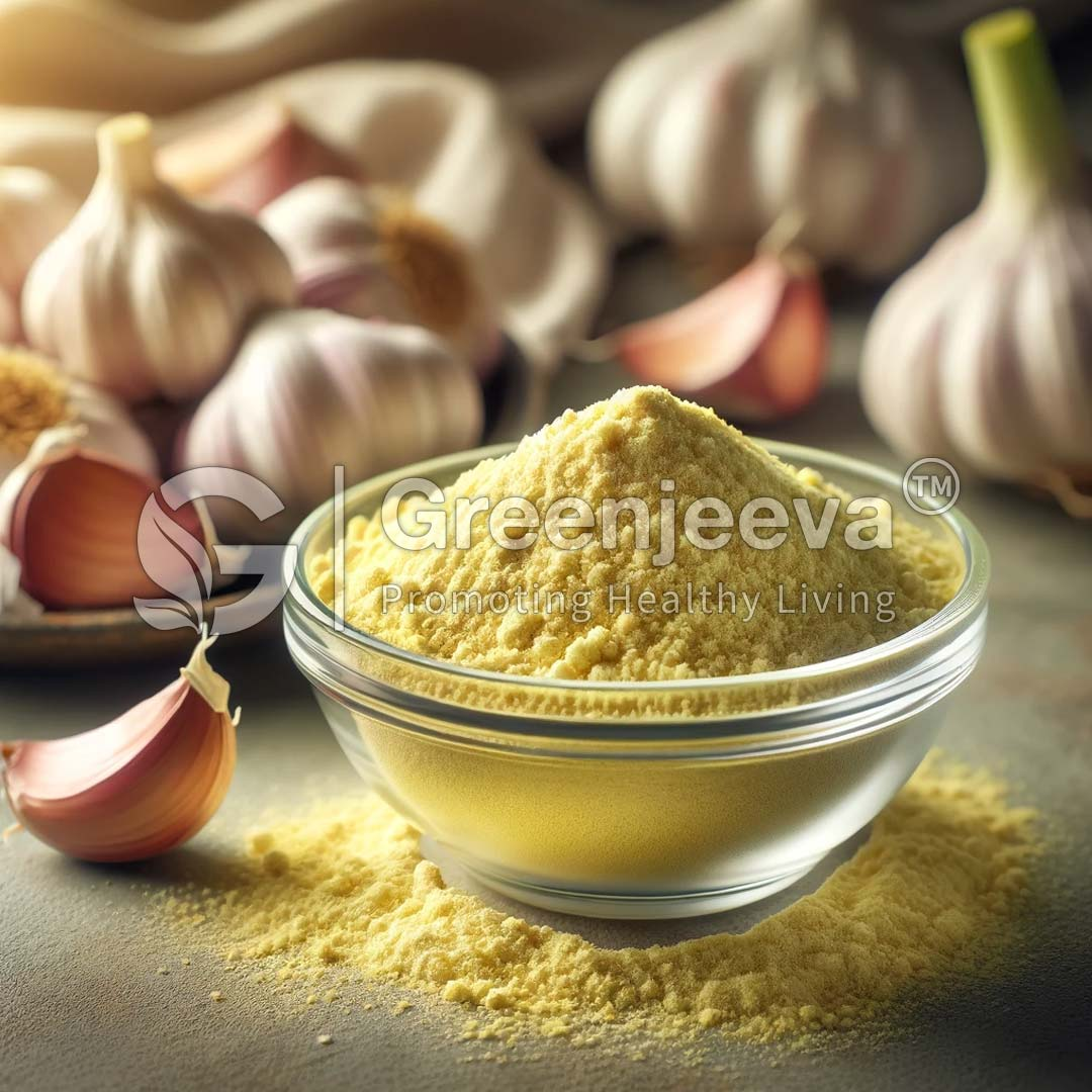A glass bowl filled with Garlic Extract Powder, surrounded by whole garlic bulbs and cloves, on a rustic surface.