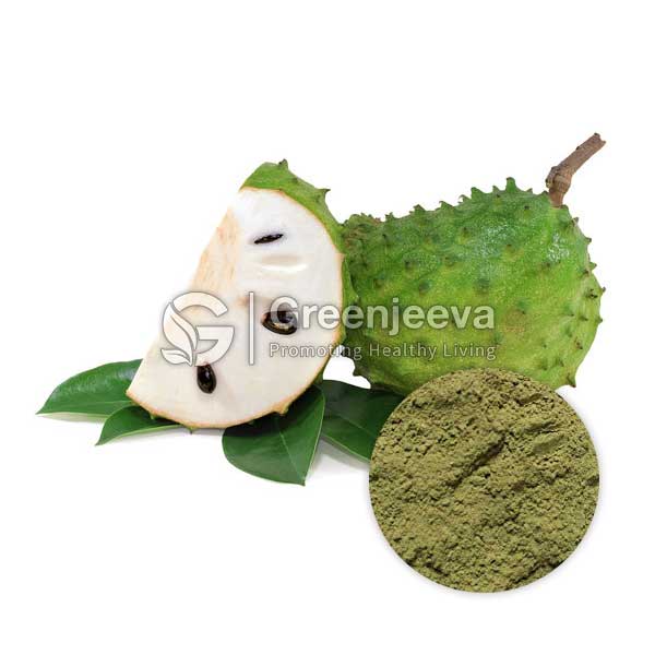 Soursop fruit with a Organic Graviola Leaf Powder, revealing green spiky skin, creamy flesh, and seeds, accompanied by a mound of green powder.