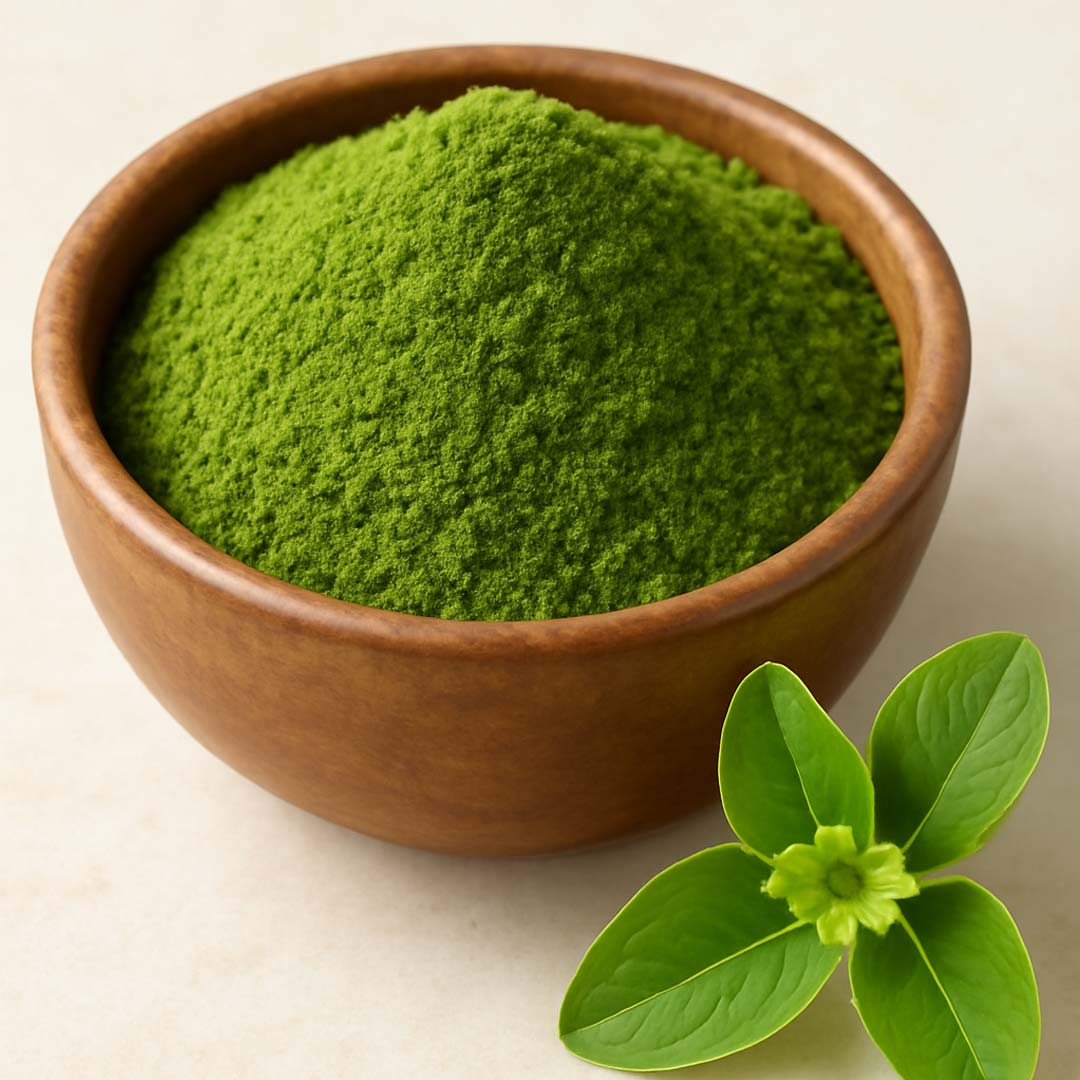 A wooden bowl filled with arganic Arrow root powder, accompanied by a fresh green leaf beside it, on a light background.