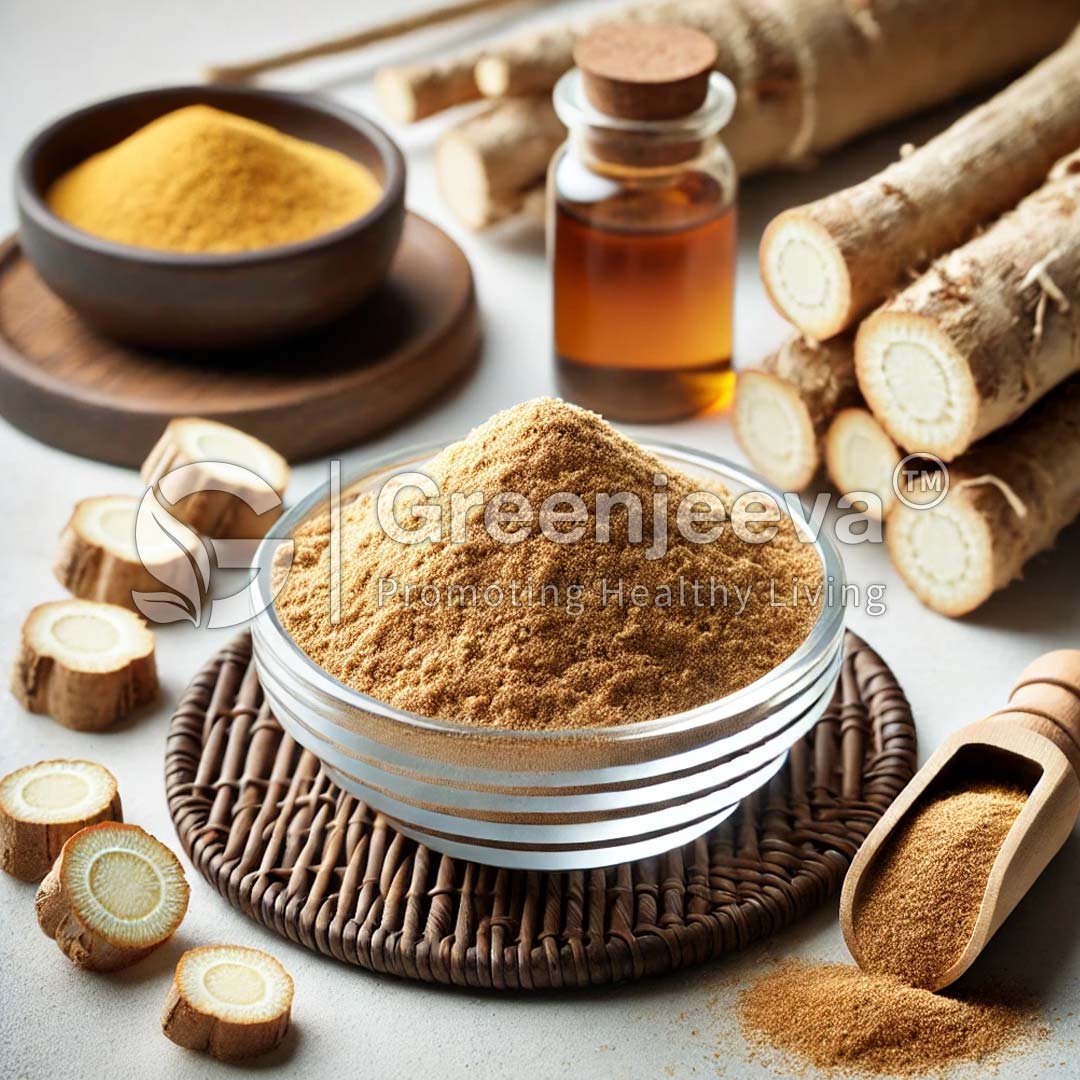 A bowl of Organic Marshmallow Root Extract Powder 4:1 TLC powder with wooden scoop.