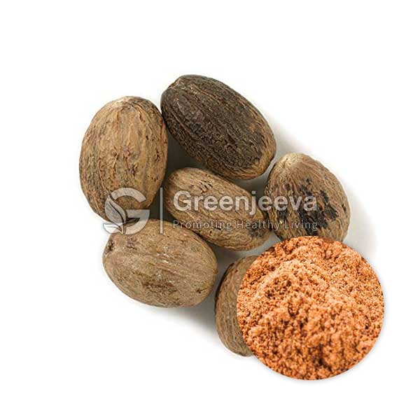A cluster of whole nutmeg seeds with a small mound of ground Organic Nutmeg Powder beside them, on a white background.