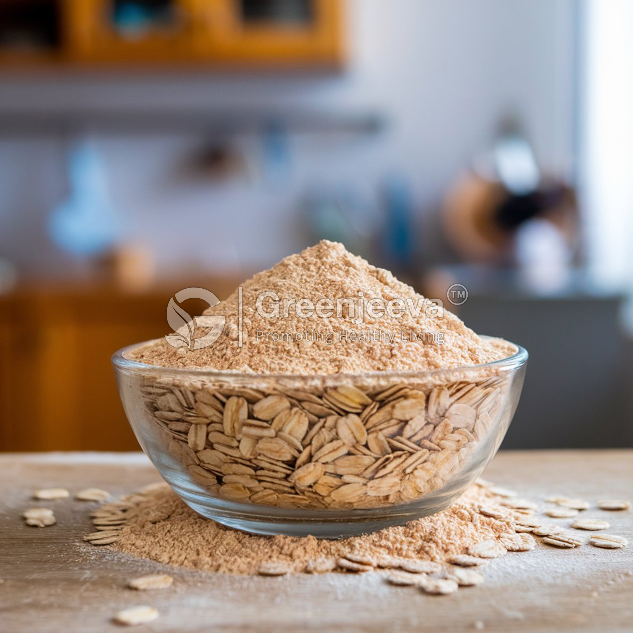 A bowl of Organic Oats, Flattened with a mound of oat flour beside it, set on a wooden surface in a bright kitchen.