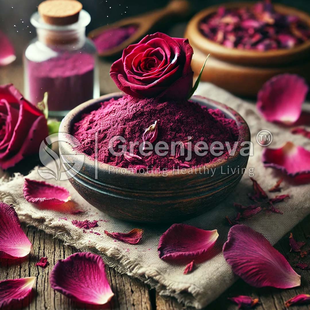 A wooden bowl filled with Organic Rose Petal Powder, topped with a fresh rose, surrounded by scattered petals and a jar of powder.