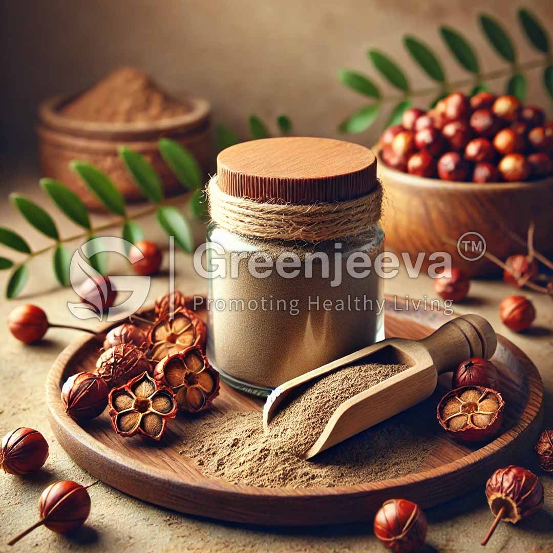 A glass jar with a Saw Palmetto Berry Powder and twine, surrounded by spices, powdered herbs, and leaves on a wooden plate, showcasing natural ingredients.