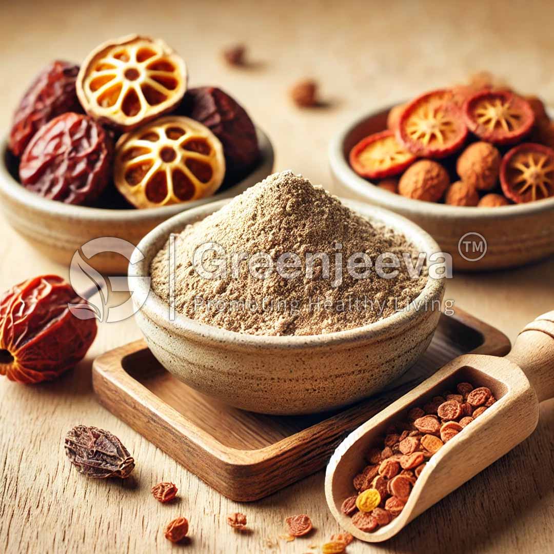 Bowls of dried fruits and spices, with a mound of powder and a scoop of seeds, arranged on a wooden surface.