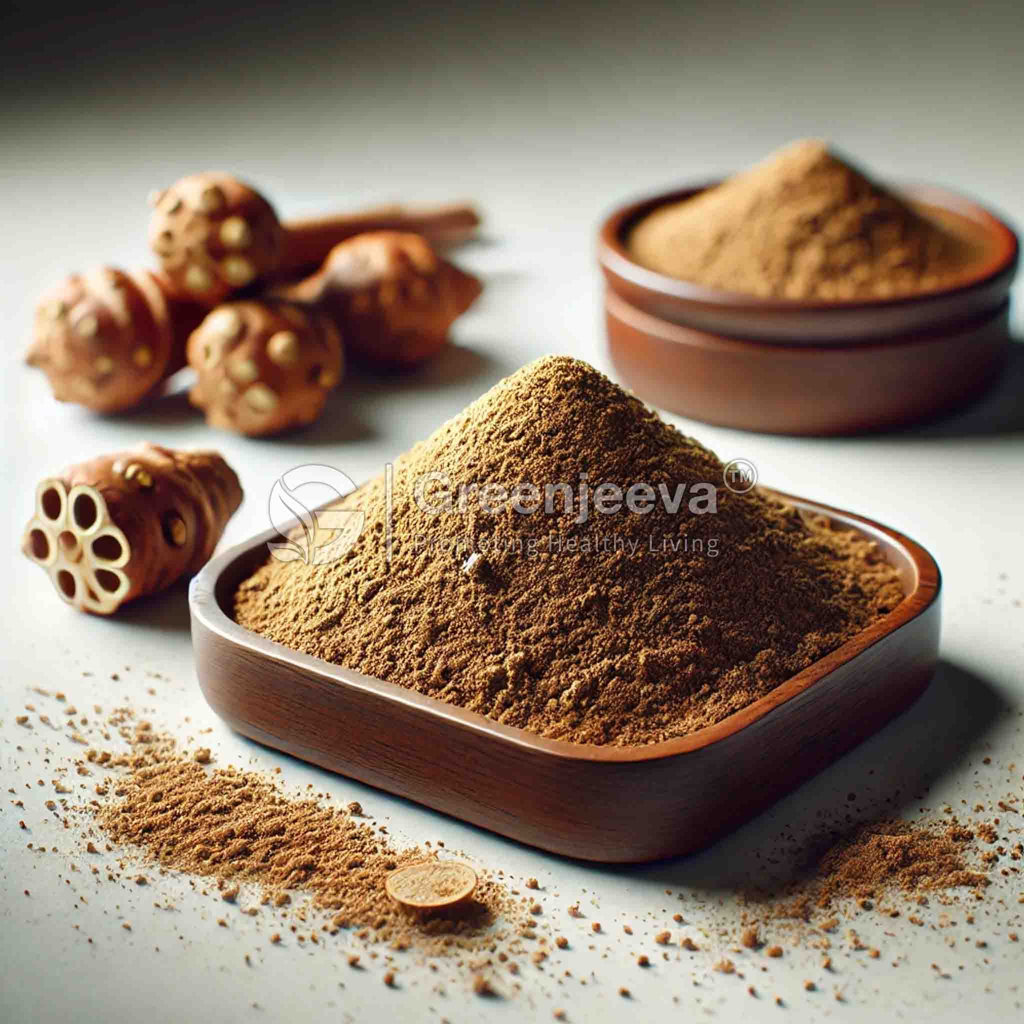 A dark wooden bowl filled with fine Costus Root Powder, surrounded by scattered powder and a few whole spice pods.