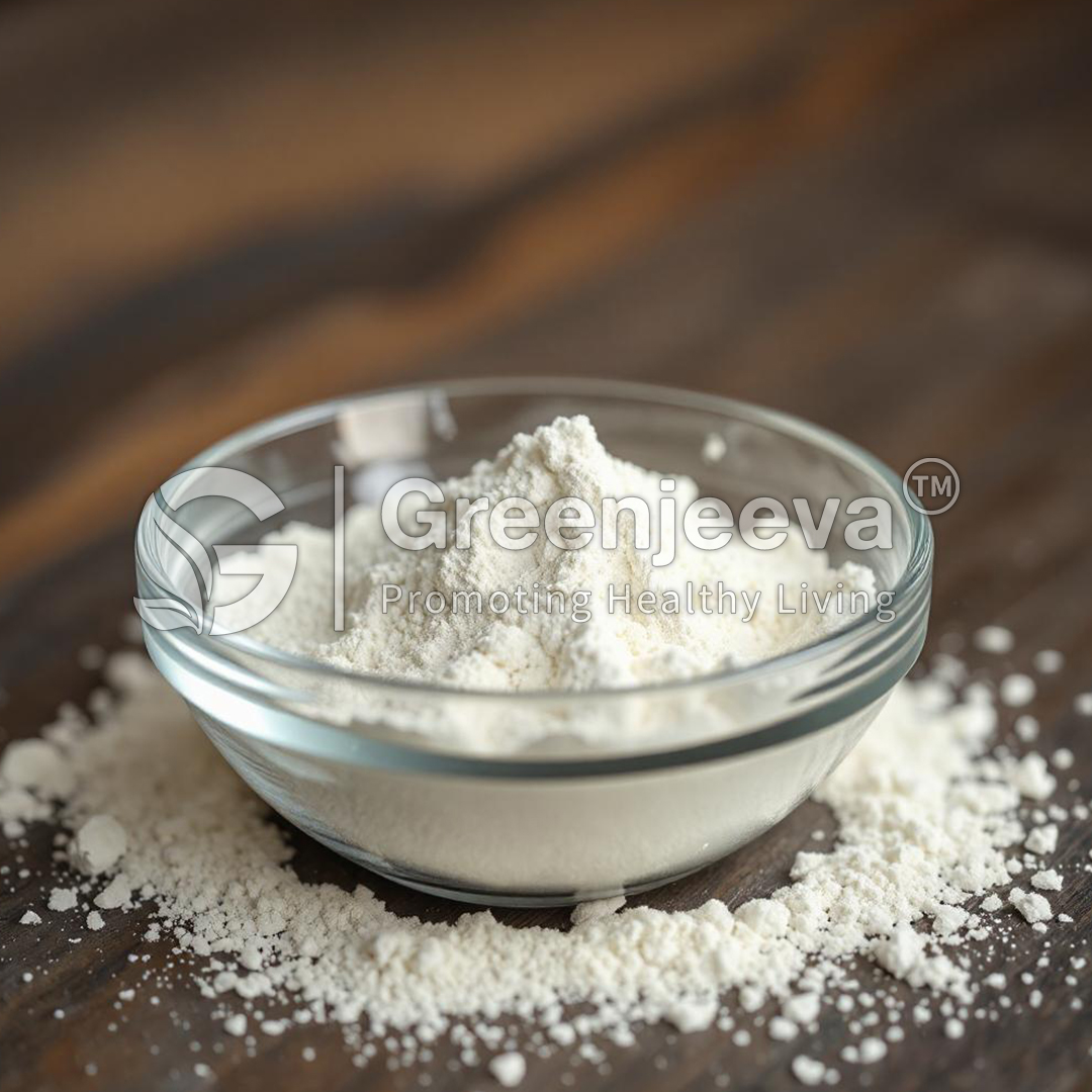 A glass bowl containing a pile of Alpha GPC powder, with some powder scattered on a wooden surface, showcasing a natural food ingredient.