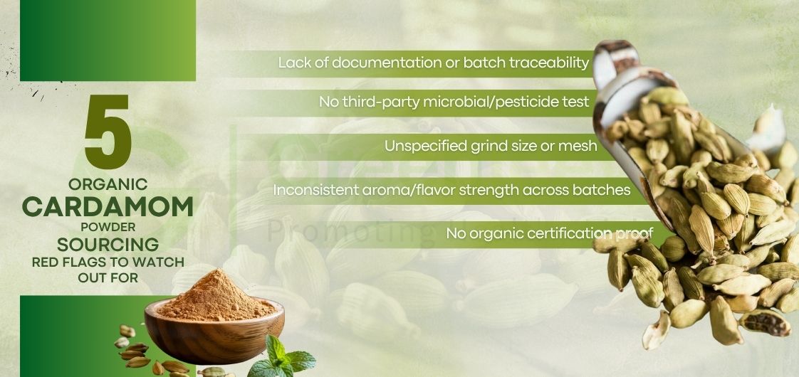 Banner showing Organic Cardamom Fruit Powder with pods and powder against a clean botanical background for Green Jeeva