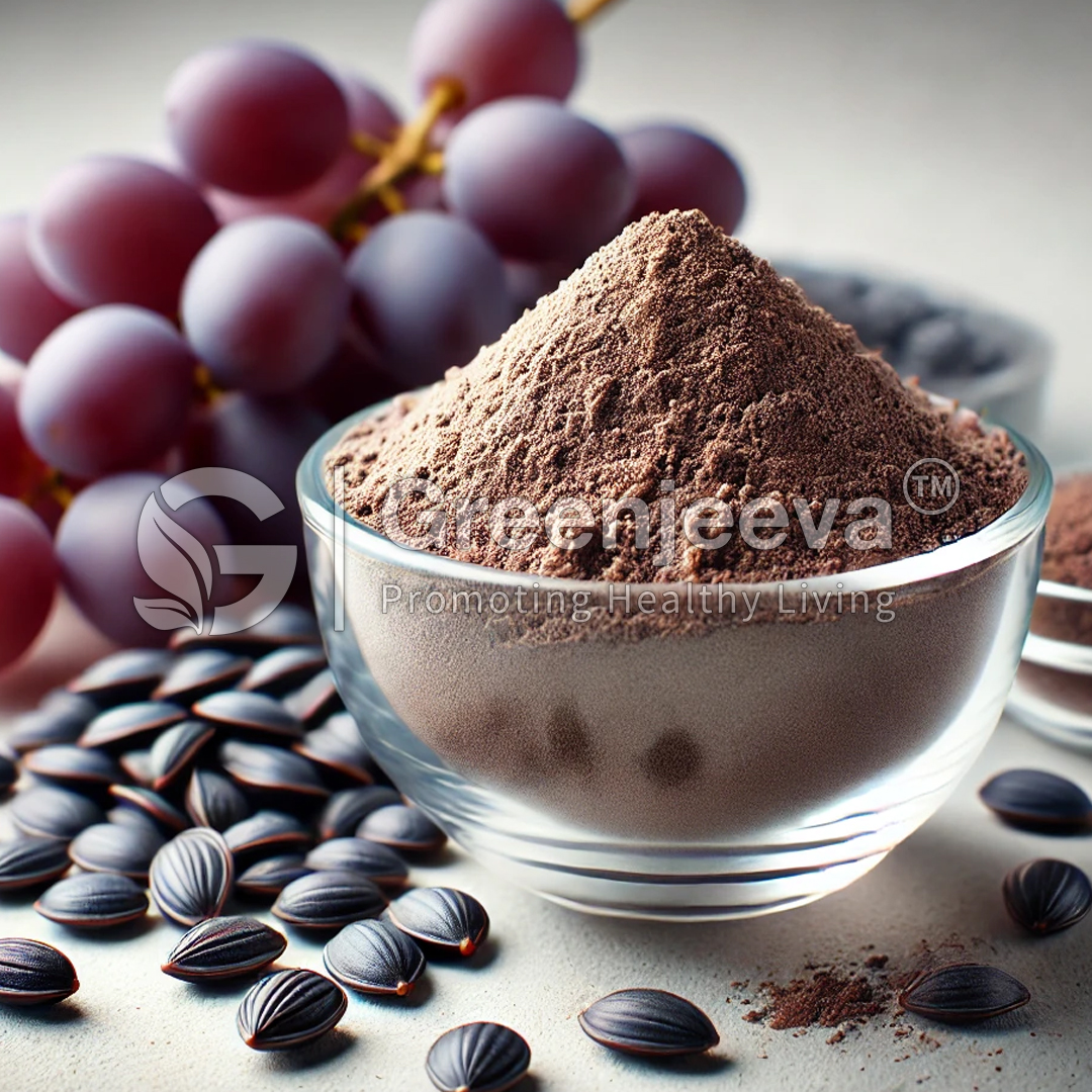 A glass bowl filled with grape seed extract powder 95% proanthocyanidins sits beside black grape seeds and purple grapes, showcasing healthy ingredients for nutrition.