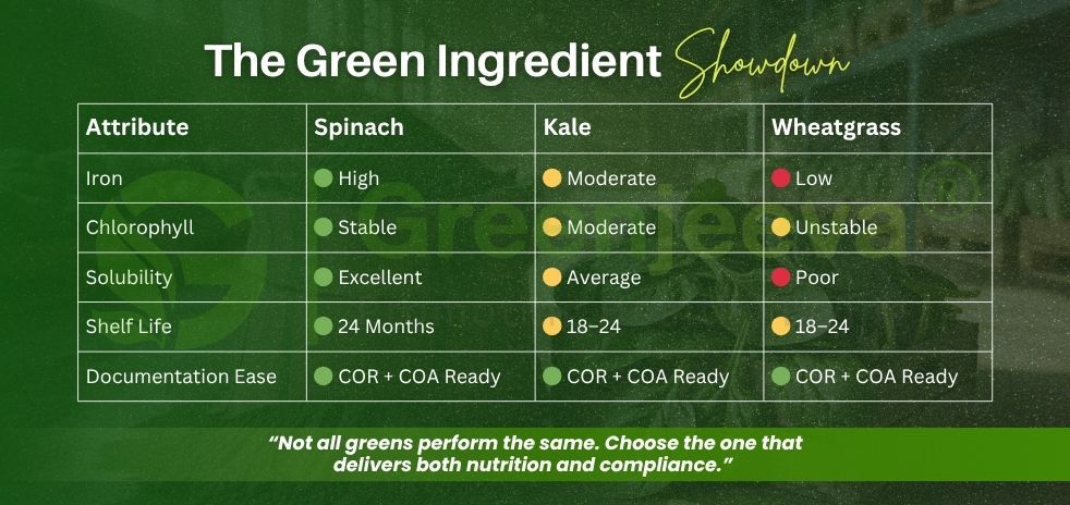 Bulk Organic Spinach Powder (Spinacia oleracea) with kale and wheatgrass for Canadian B2B buyers. Learn sourcing specs, applications, and supplier standards.