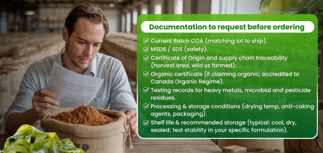 A person reviews documents beside a burlap sack of powder with a checklist of required documentation for ordering products.