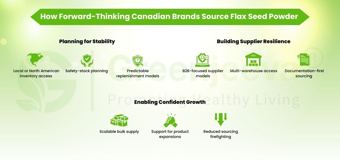 Infographic outlining strategies for Canadian brands sourcing flaxseed powder, focusing on stability, supplier resilience, and growth.