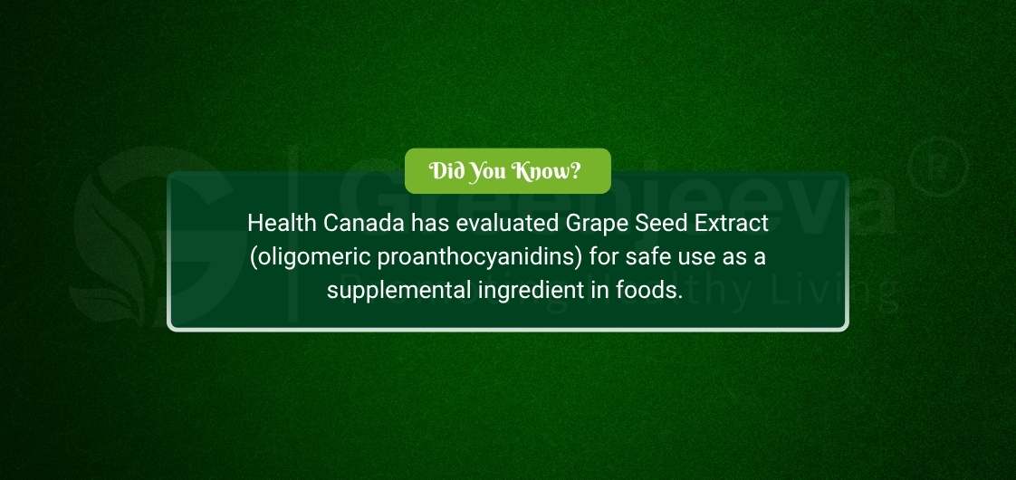 Health Canada has evaluated Grape Seed Extract for safe use as a food supplement.