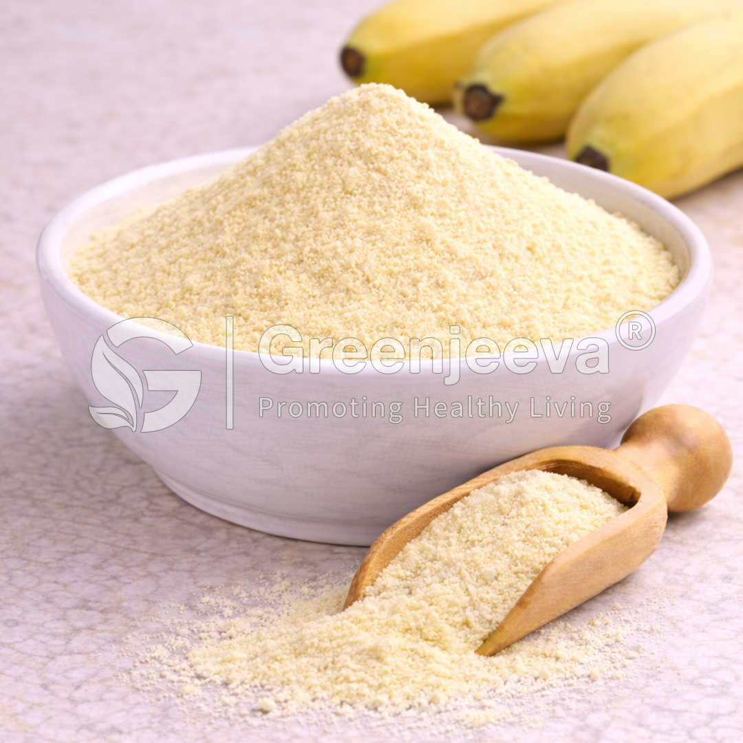 A bowl of fine yellow powder with a wooden scoop, beside three ripe bananas, on a textured surface.
